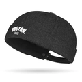 Black denim brimless cap featuring white Boston 1630 embroidery and metal buckle strap - BOSTON 1630 Embroidery / Black