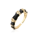 Detail of bamboo joint open ring in gold finish with black enamel and zircons - Adjustable Open / Black (12704)