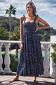 Dark blue summer maxi dress with pink square print and tiered layer skirt design - Navy Blue Polka Dot