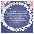 Amazonit-Perlenarmband mit BONUS MOM Acrylbuchstaben und rosa Blumen-Geschenkkarte - An meine Bonus-Mama