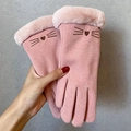 Pink thermal faux suede winter gloves with cat embroidery and plush faux fur cuffs - One Size / Pink Cat Whiskers