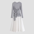 Vestido patchwork gris y blanco de manga larga con detalle de lazo en la cintura - XS / Gris y Blanco