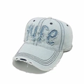 Detail of distressed light blue denim baseball cap with WIFE frayed letter embroidery - M (56-58cm) / Sky Blue