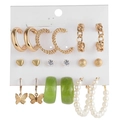 9-pair earring set with leopard print hoops, gold butterflies and green resin studs - Gold Pearl Green Resin Set (54734)