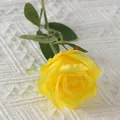 Single yellow artificial velvet rose with green leaves and stems for home decor - Light Yellow (Silk Version)