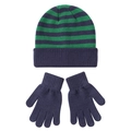 Detail view of children's striped knit beanie and solid blue gloves set for winter - M / Five-finger Gloves Style / Navy And Green Stripes