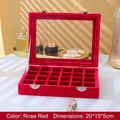 Portagioie in velluto rosso rosa a 24 scomparti con coperchio in vetro, misura 20x15x5cm - Rosa Rossa