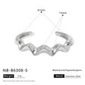 Close-up of polished silver-tone wave bangle showing mirror finish and dimensions - Silver Polished Wave Open (NB-B6308-S)