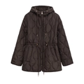 Women's dark brown quilted mid-length hooded jacket with adjustable drawstring waist - XS / Tan