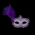 Elegant purple lace masquerade mask with decorative feathers and a central gemstone - Purple