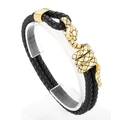 Geflochtenes schwarzes Lederarmband mit vergoldetem Schlangenkopf und roten Akzenten - Gold