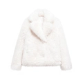 Detailed view of white faux fur jacket featuring soft plush texture and elegant collar - XS / White