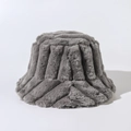 Detail of the gray faux rabbit fur bucket hat showing its vertical ripple texture and soft fibers - M (56-58cm) / Gray