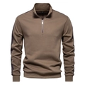 Detail van een aardebruin sweatshirt met rits, kraagstiksels en metalen ritssluiting - S / Khaki