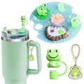 Detail of frog-themed 40oz tumbler accessories with lid plate, straw cover and keychain - 40OZ-Frog Deluxe 4Pcs Set
