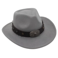 Close-up of a grey wool felt cowboy hat featuring a vintage bull head buckle and studs - One Size / Light Gray