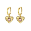 Macro shot of gold hoop earrings with pink heart zircon pendant and white stones - Gold Pink Heart With Wings 1 Pair