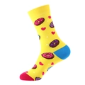 Mid-calf crew socks in yellow with purple donut and heart patterns, blue heel and pink toe - 914 Donut