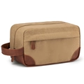 Detailed close-up of khaki waterproof canvas toiletry bag featuring brown PU leather handle - Brown