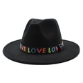 Black wide brim wool jazz fedora hat with colorful LOVE embroidered ribbon band - M (56-58cm) / Black