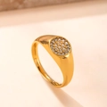 Golden round signet ring with micro-pave cubic zirconia stones on light background - Round (Paved)