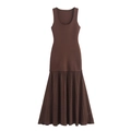 Elegantes ärmelloses Strick-Patchwork-Midikleid in Braun mit feinem Faltenrock - S / Kaffeebraun