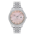 Vista macro dell'orologio argento con quadrante in madreperla rosa e datario - Bianco Rosa