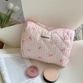 Rosa-weiße karierte gesteppte Kosmetiktasche mit rosa Schleifen und Reißverschluss - Karomuster Rosa Schleife