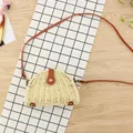 Mini semicircular straw crossbody bag in cream white with a brown leather strap - Beige