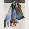 Rainbow plaid thick scarf with blue and brown patterns and stylish tassels on white rug - Blue Brown Grey Yellow Plaid