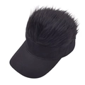 Detail view of the black sun visor hat with creative shaggy synthetic hair on top - Black With Black Hair