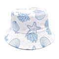Detail shot of white bucket hat featuring blue starfish and coral print on canvas fabric - M (56-58cm) / White