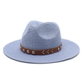 Foldable light blue woven straw western cowboy hat with studded brown leather belt trim - M (56-58cm) / Sky Blue