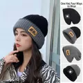 Winter black and grey rib-knit beanie with yellow logo patch and versatile styling - One Size / Multi-way Wear Style / Black