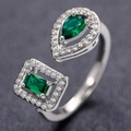 Luxurious silver open ring featuring green teardrop and rectangular zircon stones - Adjustable Open / Silver + Green Zirconia