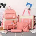 Cute pink and white 5-piece student canvas backpack set with badges and matching bags - Pink 5-Piece Set