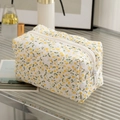 Quilted floral makeup bag featuring yellow flower patterns and white zipper closure - New Yellow Floral