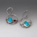 Handcrafted silver drop earrings featuring blue turquoise stones and a small red gemstone - S129 Handmade Turquoise