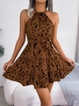 Brown leopard print halter neck mini dress with waist tie and ruffled hem details - S / Coffee