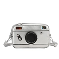 Silver camera shaped crossbody bag with adjustable strap and decorative text detail - Silver
