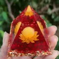 Handheld red crystal pyramid resin ornament with gold lotus and energy foil base - 6cm / A15-Red Stone Lotus Yellow Ball