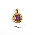 Golden round 17mm letter E pendant with purple enamel inlay and beaded border detail - Letter E