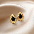 Orecchini vintage a goccia dorati con smalto nero su sfondo di seta champagne - Orecchini a Goccia d'Acqua in Nero e Oro Retro Francese (Perno in Argento)