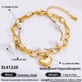 Goldenes zweilagiges Edelstahlarmband mit weißen Perlen und Herzanhänger mit Gravur - Doppellagiges Good Luck Herz Perle (SL41220)