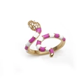 Goldener Schlangenring mit Emaille in Pink und Weiß und Zirkonia auf weißem Grund - Einstellbar Offen / Rosa-weißer Schlangenstil (CR0649CX) / Gold + Rosa