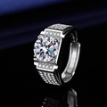 Men's silver ring with round brilliant cut center stone and pave micro-set side diamonds - White Gold [3 Carats] Ljz-242 / Adjustable Open