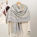 Beige and light blue paisley core-spun yarn scarf with decorative tassels on a coat - Beige Blue Pink (T491-09)