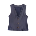Gilet in misto lino blu scuro con scollo a V e tre bottoni dorati su bianco - XS / Top/Gilet