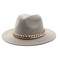 Stylish grey woven straw Fedora hat with bold gold metal chain and wide flat brim - M (56-58cm) / Gray