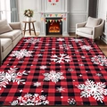 Close-up of red and black plaid Christmas rug with snowflake patterns in a living room - 40*60cm (Skin-friendly Velvet) / Red and Black Plaid Snowflake (WCY-7)